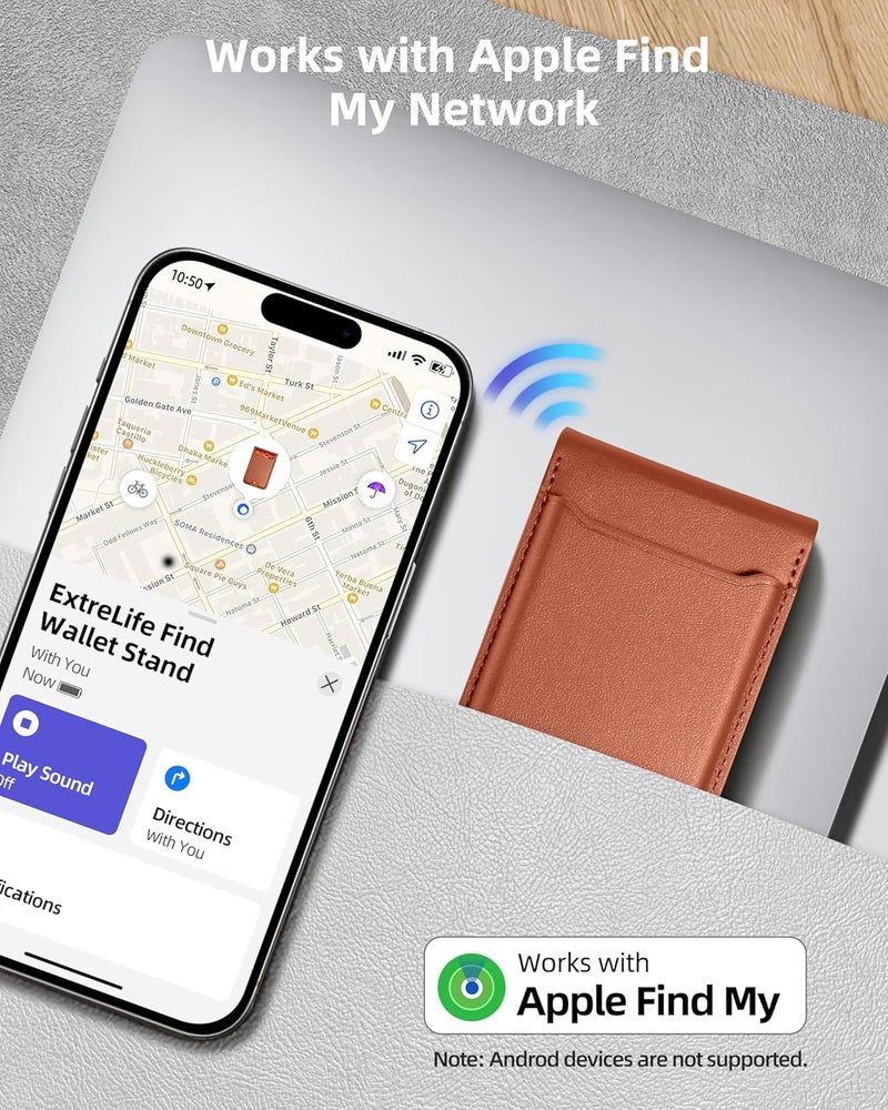 ExtreLife For Magsafe Wallet, Works with Apple Find My, Strongest Magnetic Wallet for iPhone 17/16/15/14/13/12 Series, WalletTracker with Adjustable Stand, 6 Cards Holder, Vegan Leather, Brown - Image 2